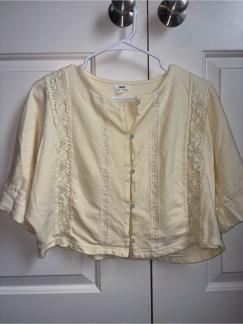 aerie Pale Yellow Lace-Trim Button Down Top